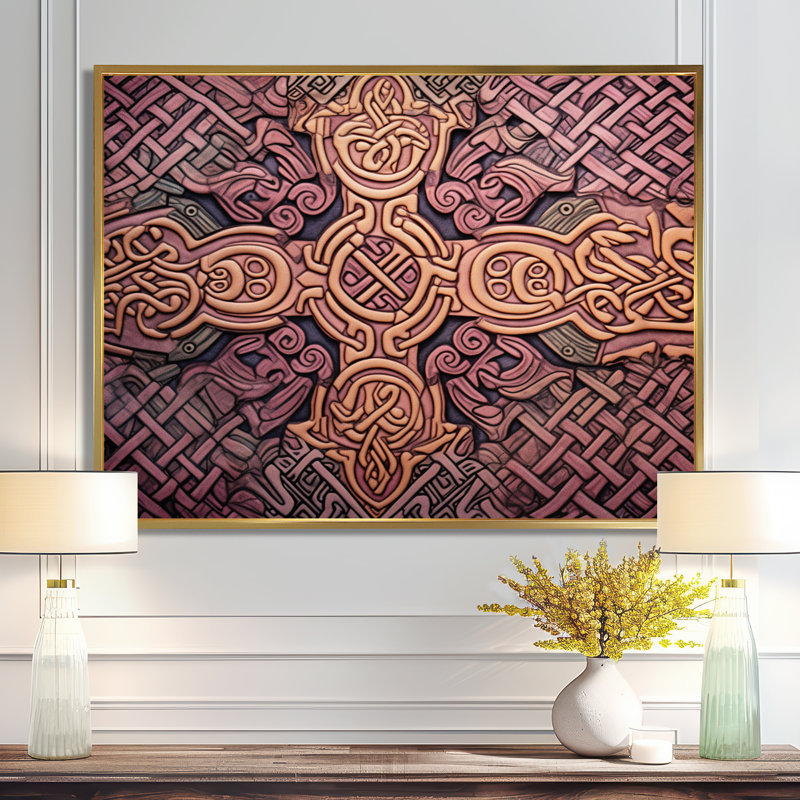 Décoration murale géométrique Celtic, H 24 po x l 32 po x P 1 po, Toile avec cadre flottant or
