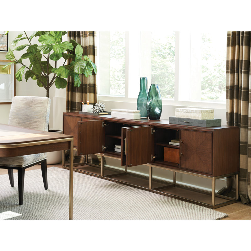 Cameron Long Walnut Media Console with Silver Leaf Base