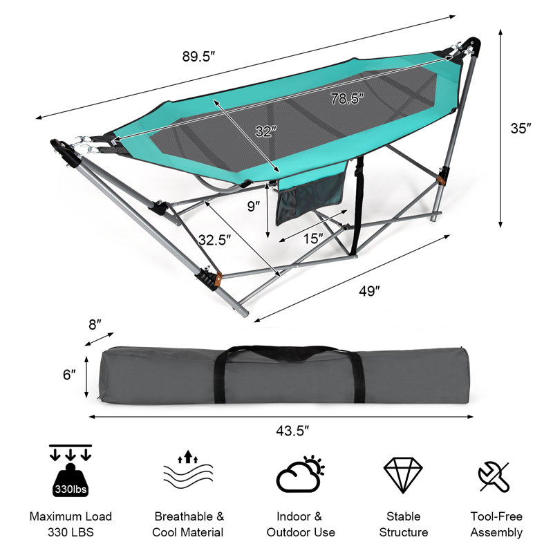 Turquoise Folding Hammock with Iron Stand and Side Pocket