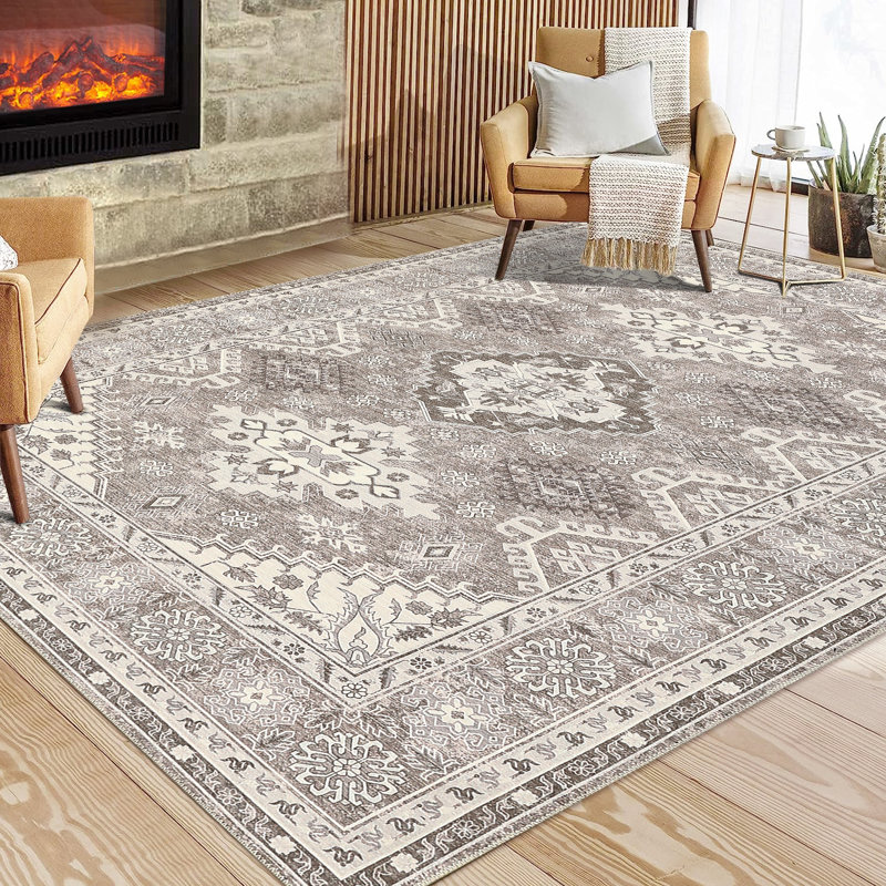 Machine Washable Rugs Vintage Non-Slip Low Pile Rubber Backing Area Rug for Living Room Bedroom Kitchen Dining Room Dorm and Bedside Decor