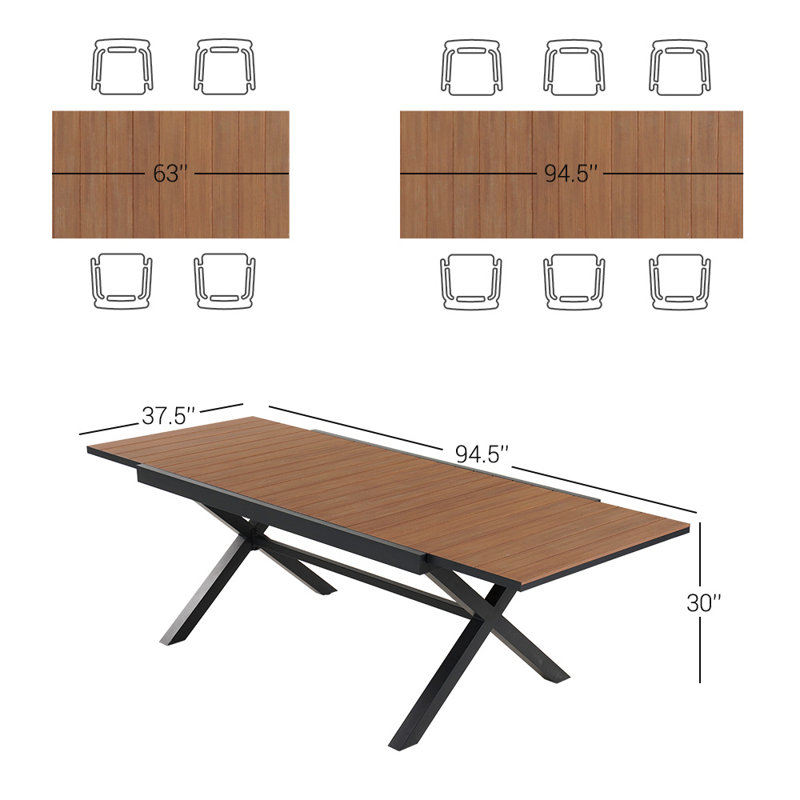 Table de salle à manger extensible en aluminium et acier, Noir, noir, noir, noir