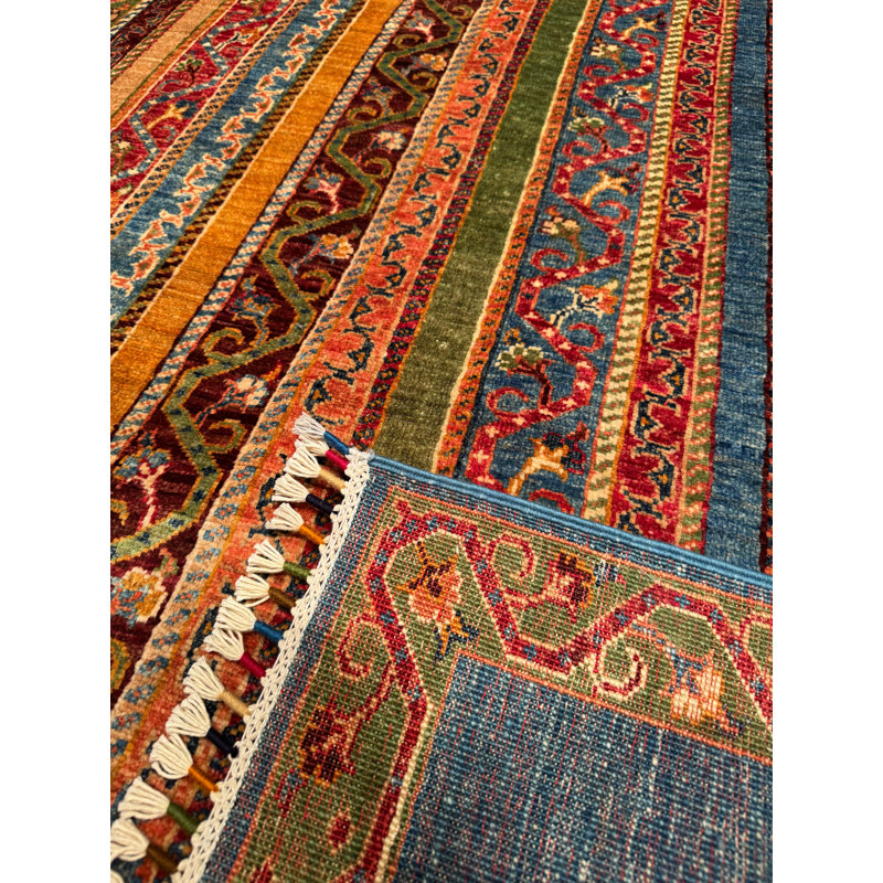 Tapis bleu original en laine et coton noué à la main