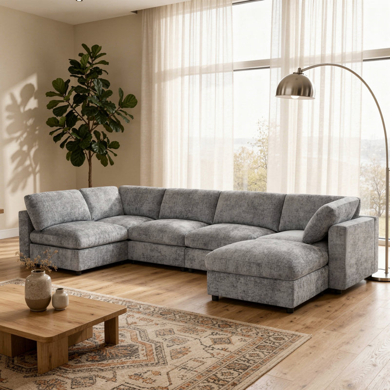 Ensemble de canapé modulaire en chenille 6 places avec repose-pieds, Grey Chenille
