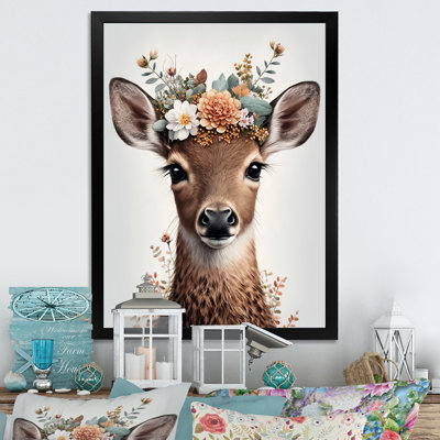Mignon bébé cerf avec couronne florale III - animaux, art mural sur toile