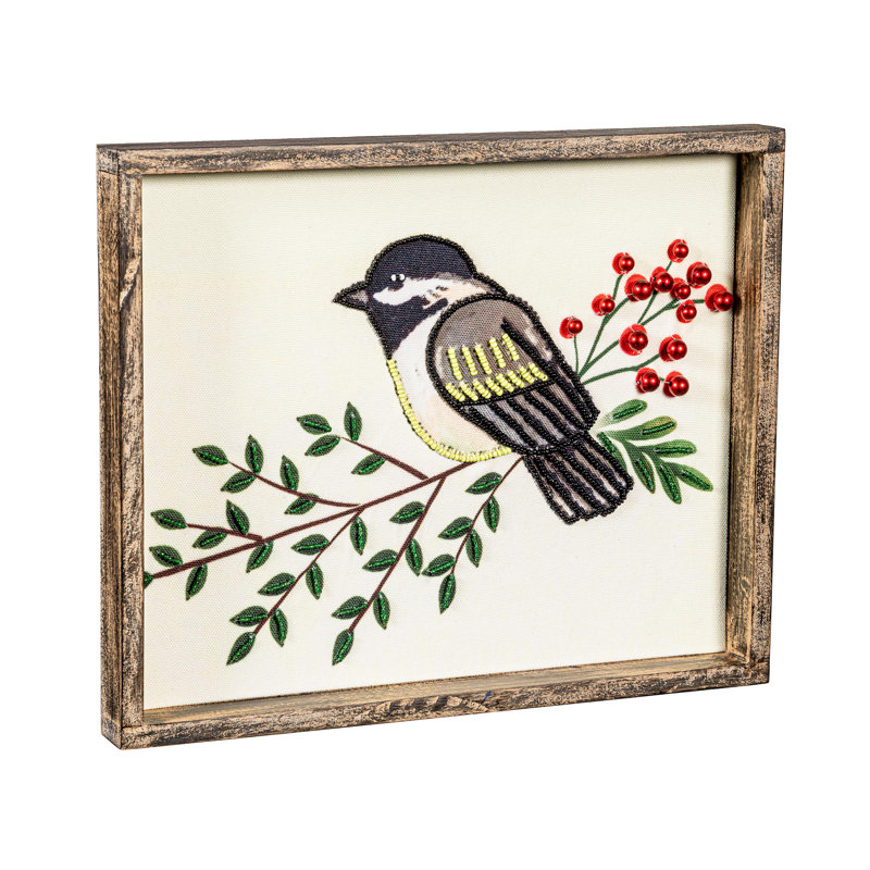 Décoration murale perlée en bois et textile mésange