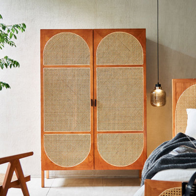 Ash Wood Rattan Double Door Closet Storage Cabinet Accent Cabinet