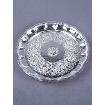  Silver Designer Pooja Thali - Round Worship Tray | Traditional Interior Accent