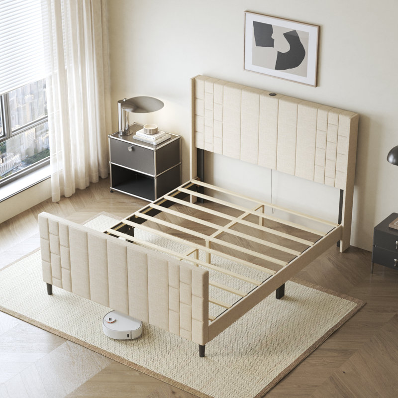 Lit plateforme moderne avec tête de lit tapissier USB