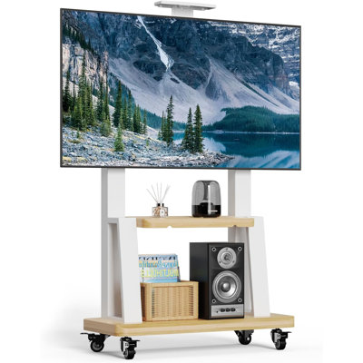 Heavy-Duty Mobile TV Stand With Wheels For 32-75 Inch Tvs - Adjustable Height Rolling Cart With Laptop Shelf - Universal VESA Compatibility - Supports Up To 220Lbs - Sturdy Metal Frame With Wood Grain Design
