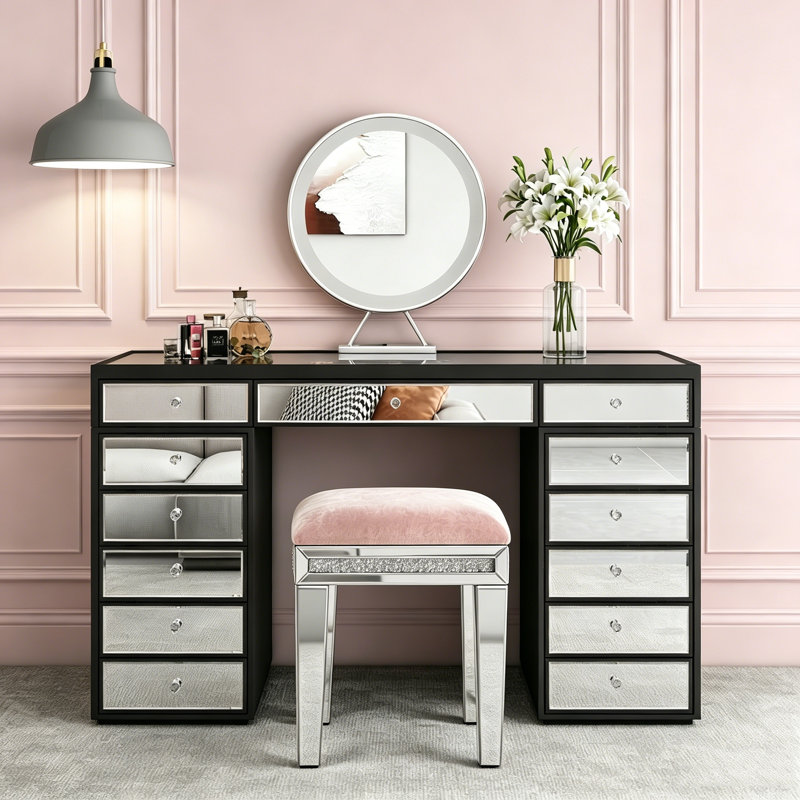130Cm Glass Top Vanity Table With Crushed Diamond Mirrored Stool Set