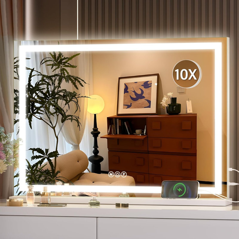 28" X 20" Square LED Lighted Makeup Vanity Mirror With 3 Dimmable Color Modes, Touch Screen Control, Wall Mounted Or Tabletop, White Finish