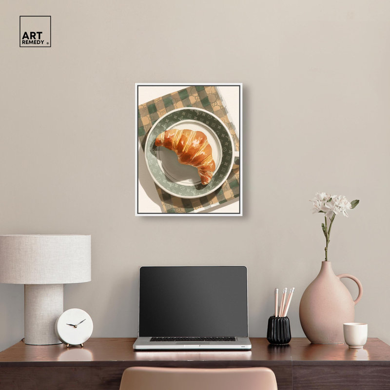 Impression sur toile Glam Breakfast Croissant, art côtier moderne par Art Remedy, cadre blanc, 16 x 20, H 21 po x l 17 po