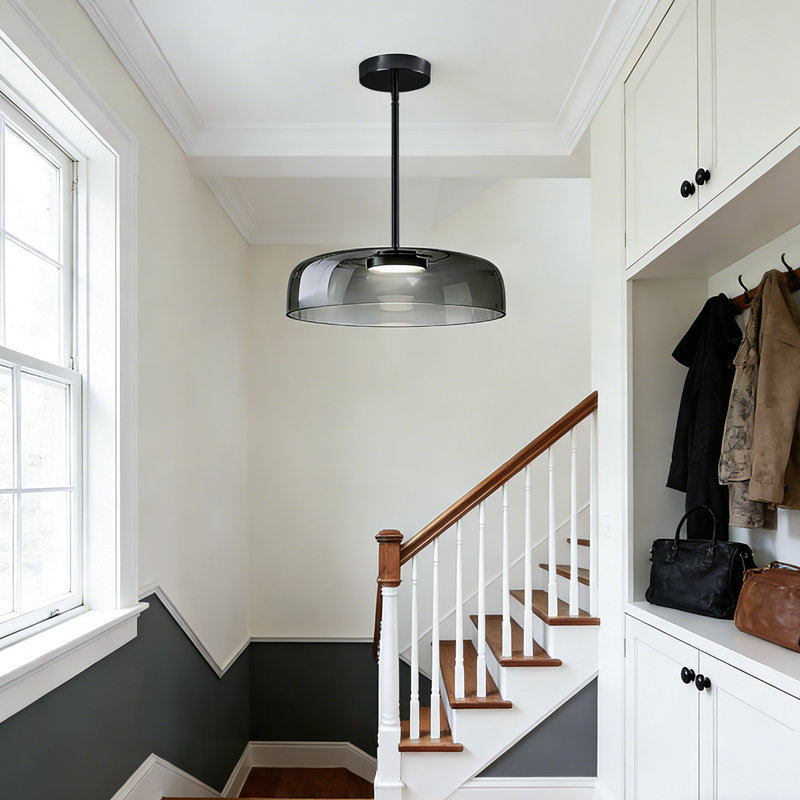 Luminaire suspendu moderne en verre 1 lumière, Gris, Suspension à tringle, Noir mat