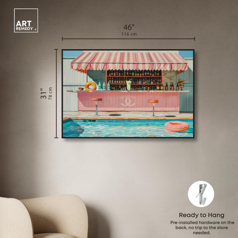 «Pink Pool Bar Party» par Glam Coastal Art , H 31 po x l 46 po, Cadre flottant noir
