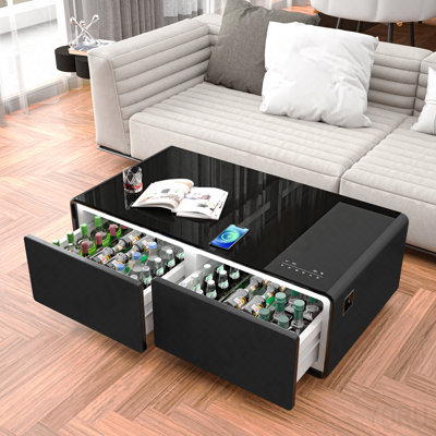 Table basse moderne intelligente avec réfrigérateur intégré, haut-parleurs Bluetooth, charge sans fil, prise de courant, ports USB, lumière RVB - noir