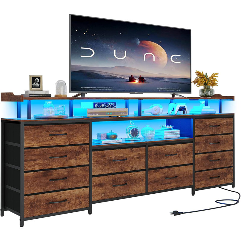  Grande commode télé 63 po avec 12 tiroirs pour téléviseur 65/70 po, meuble télé avec lumières à DEL et prises de courant et console de télévision pour la chambre à coucher 63 po