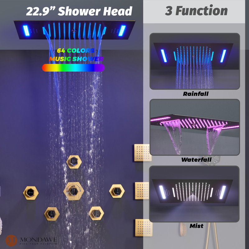 Système de douche thermostatique complet avec valve brute AquaRhapsody, Or brossé