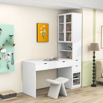Modern Makeup Vanity Desk with Lift-Up Mirror, Charging Station, Drawers and Glass Cabinets by Latitude Run