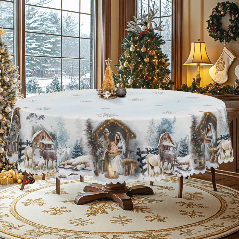 1pc Christmas Themed Print Tablecloth, Round/Rectangular Table Cloth, Mantel Para Mesa De Comedor, Xmas Decor, Holiday Party Indoor Dining Decor, Round Rectangle Christmas Table Cover, Festive Home Kitchen Accessory Gifts, Several Sizes Available