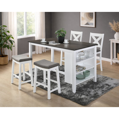 Pereira 5 Pcs Counter Dining Set 59'' Kitchen Island Table With 3-Tier Storage And 2 Upholstered Chairs & 2 Stools