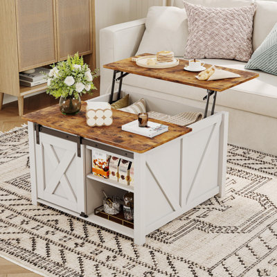 31.5" White Farmhouse Lift Top Coffee Table, Square Center Table Sliding Barn Door, Hidden Storage & Adjustable Shelves