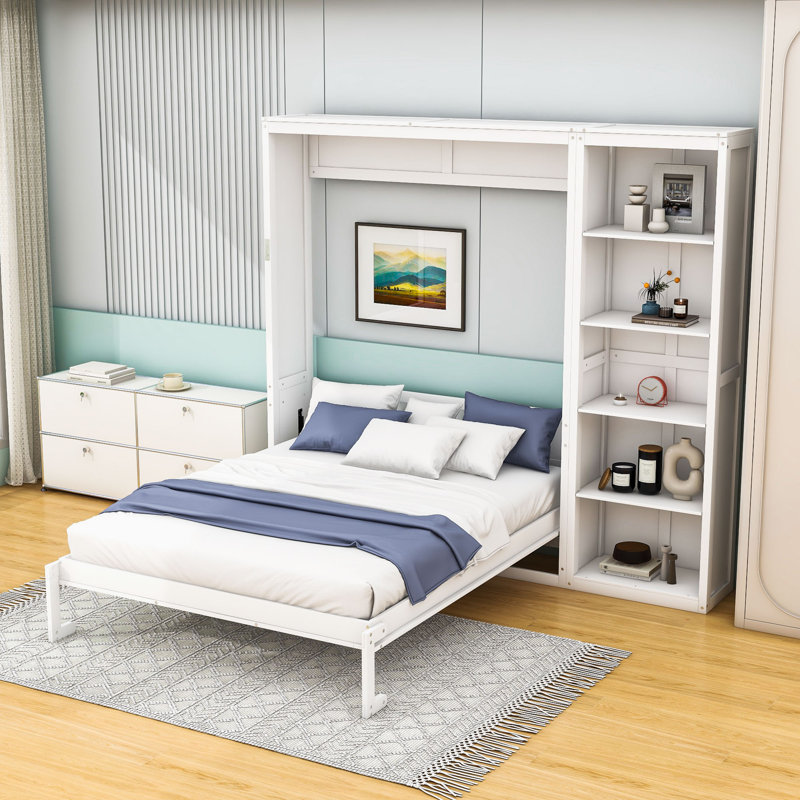 Lit escamotable en bois avec tablettes et tête de lit Goudelock, Blanc, Double