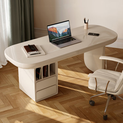 Bureau extensible crème avec bibliothèque et armoire à tiroirs