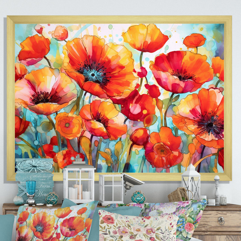 Brilliant Poppies V - Art mural floral, Cadre doré à une seule photo, H 30 po x l 40 po x P 1,5 po
