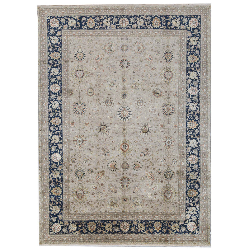 Tapis unique en laine noué à la main beige et bleu de 9 pi 11 po x 13 pi 9 po Aberdeen