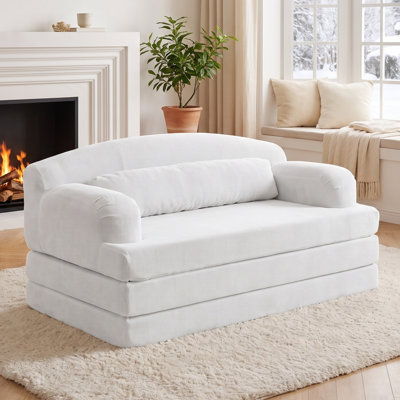57.1" Wide Corduroy Loveseat Convertible Floor Sofa Bed with Removable Cover