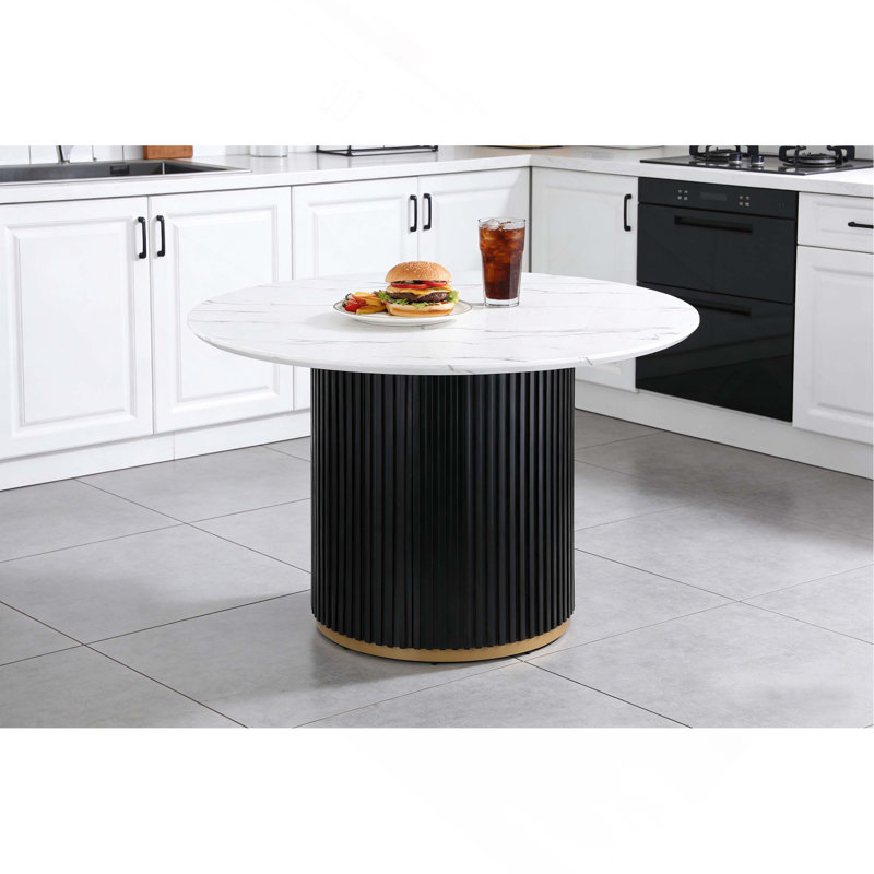 Table de salle à manger de 46 pouces en faux marbre, base en métal noir Wave avec décoration dorée - peut accueillir 4 personnes pour la cuisine et la salle à manger
