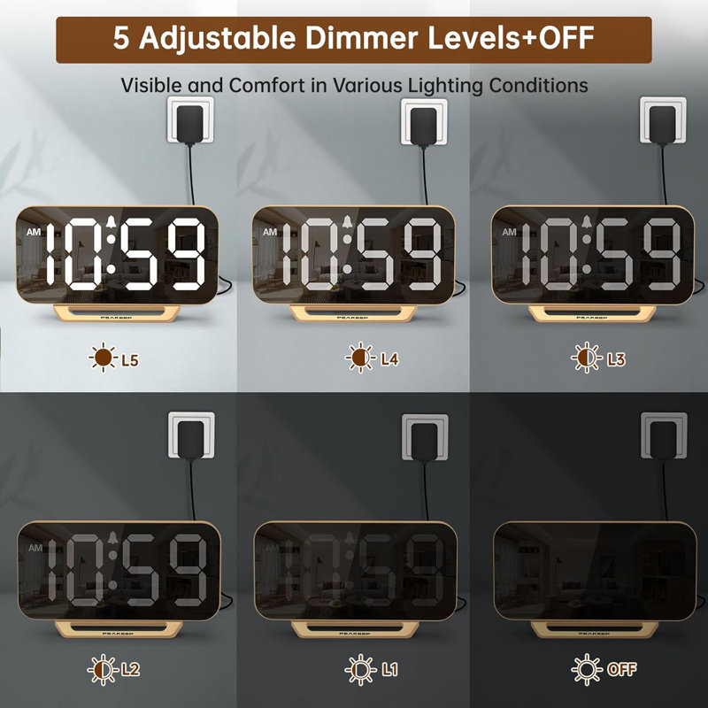 Réveil numérique ultra-mince de style miroir, convient à la décoration de la chambre à coucher et du bureau - Grand réveil moderne à DEL à brancher, convient au bureau et au salon, avec batterie de secours, 6 réglages de luminosité (or)