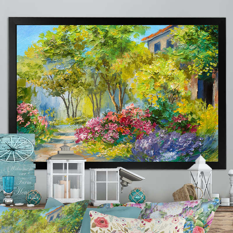 Fleurs colorées dans la maison méditerranéenne - reproduction d'art sur toile, Toile avec cadre noir