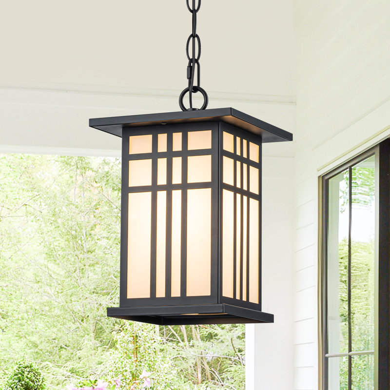 Craftsman Outdoor Hanging Lantern with White Glass, 1-Light Mission Style Pendant Light for Porch Patio, Adjustable Height 13.78"-92.13", ETL Listed, Matte Black Finish