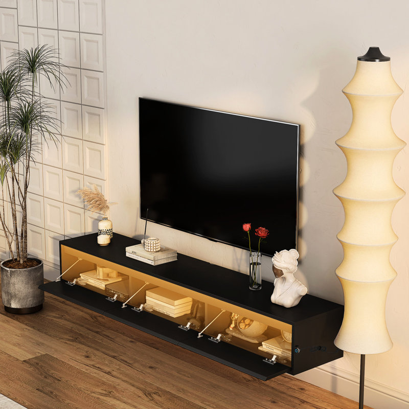 Meuble télé mural avec grande capacité et bloc d'alimentation, meuble noir ultrabrillant pour téléviseurs de 60 à 69 po, tablette fonctionnelle