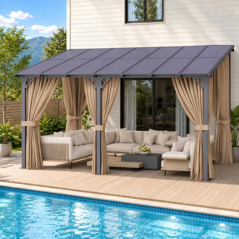 Pavillon de jardin mural 16 'x 10' avec toit en polycarbonate et rideaux d'intimité