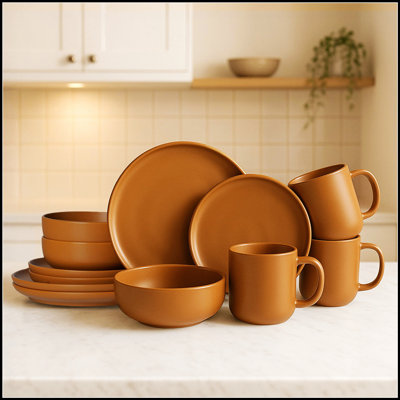 12-Piece Stoneware Dinnerware Sets with Mugs, Microwave & Dishwasher Safe, Non-Toxic, Stackable Matte Glaze Kitchenware for 3