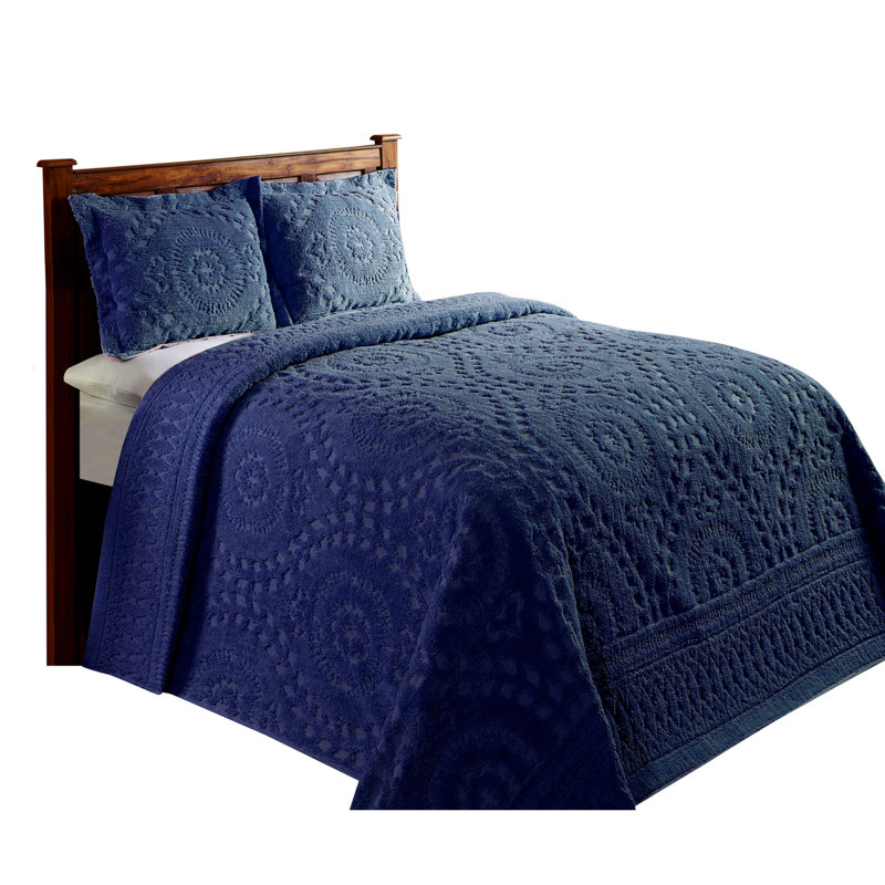 Ensemble de couvre-lit double / double en chenille 100% coton Rio Collection, literie traditionnelle avec couvre-lit médaillon touffeté et taies décoratives assorties, certifié OEKO-TEX, doux, respirant, lavable à la machine, toutes saisons, bleu marine