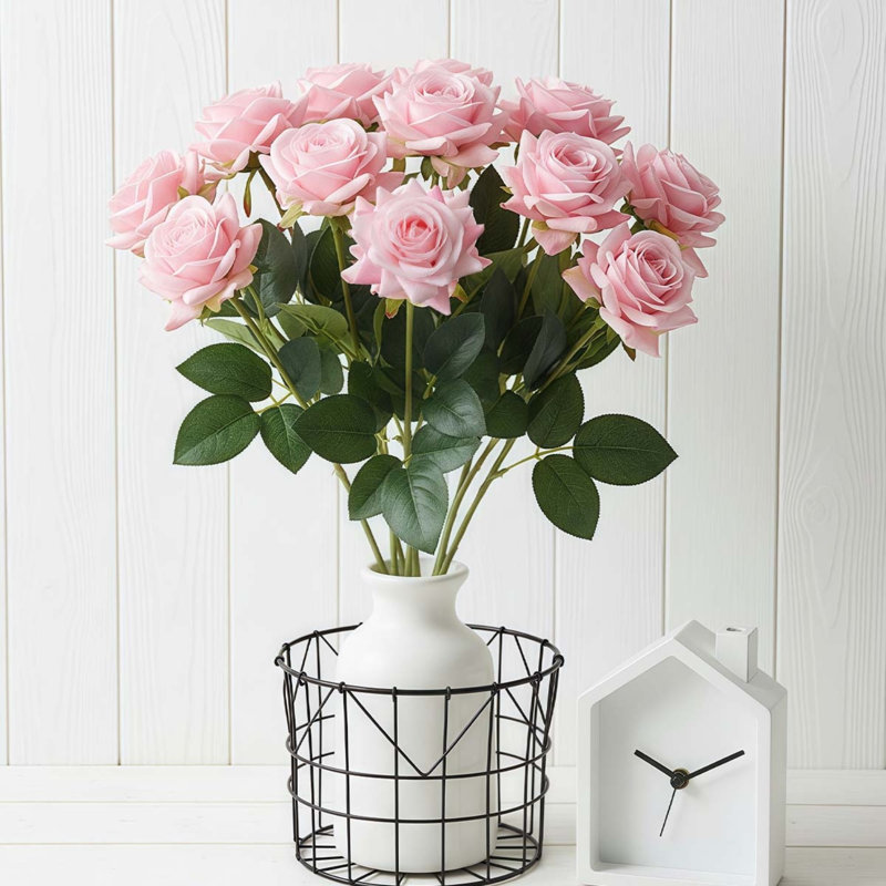 12 PCS Fleurs artificielles Roses artificielles Fleurs en soie Bouquet de roses réalistes Tige longue pour la maison Décoration de mariage