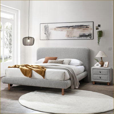 Grey Boucle 2-Drawer Upholstered Bedroom Nightstand