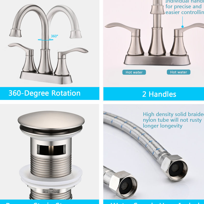 4 Inches Bathroom Tap - Brushed Nickel, 360 Swivel Spout And Pop Up Drain, Metal, , Splash, Water Saving 20%, Drip- Cartridge, Double Handles 4" Faucet Rotatable With Build, Rust, Feature, Ceramic