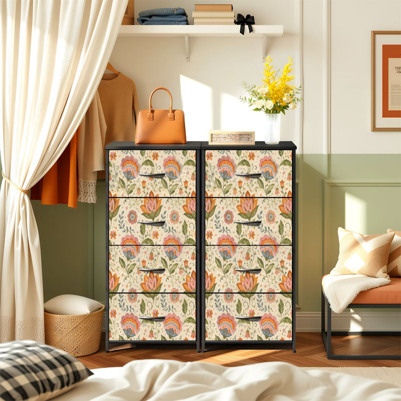 Commode de rangement verticale à 4 tiroirs à motif floral sans couture à la main avec tiroirs en bois