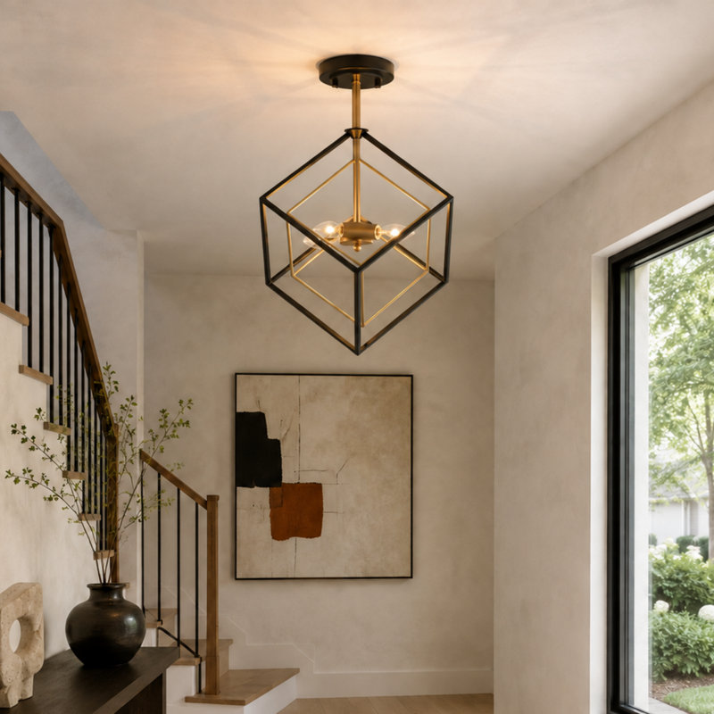 3-Light 15" W Dimmable Caged Modern Geometric Semi Flush Mount Lighting