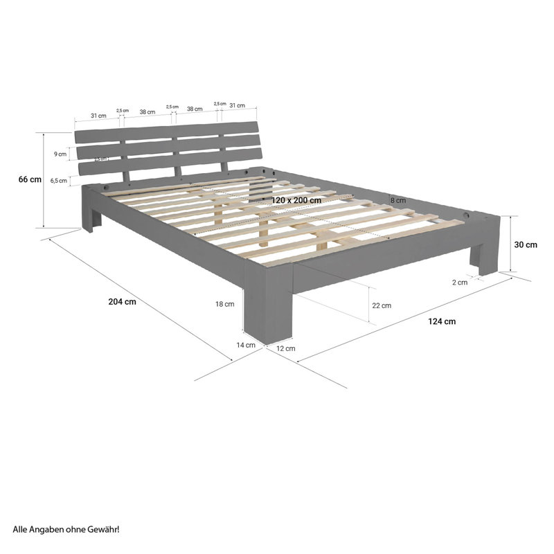 Mirielle Solid Wood Bed, 120 x 200 cm, Grey