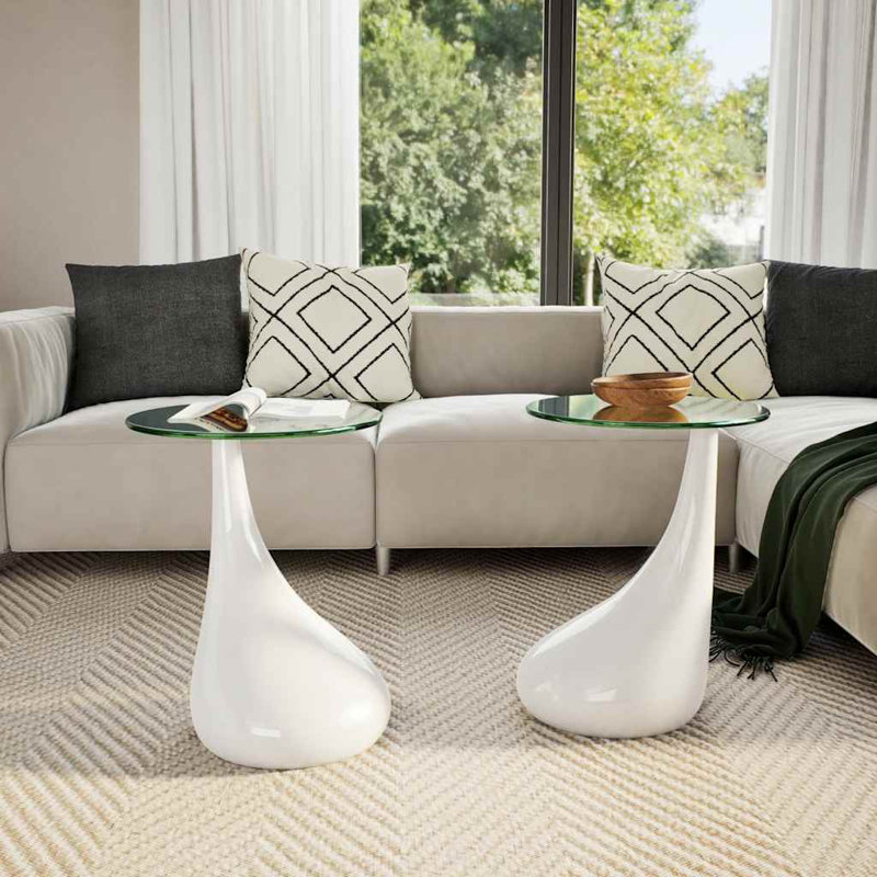 Coffee Table End Table Living Room Side Table with Round Glass Top, White
