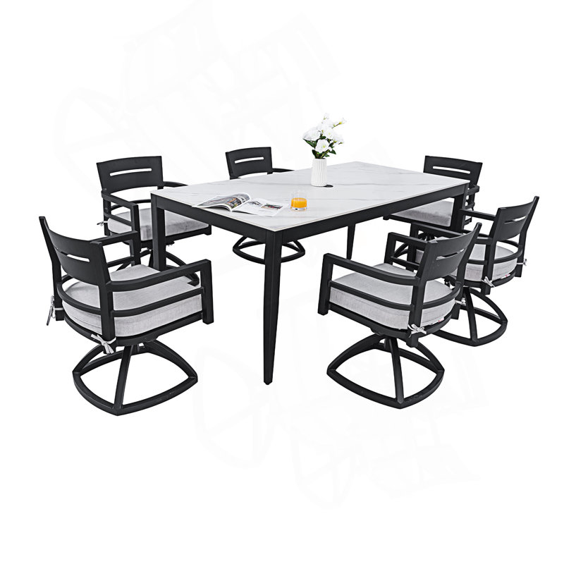 Ensemble de salle à manger d'extérieur moderne en aluminium 7 pièces, table de salle à manger rectangulaire et 6 chaises pivotantes