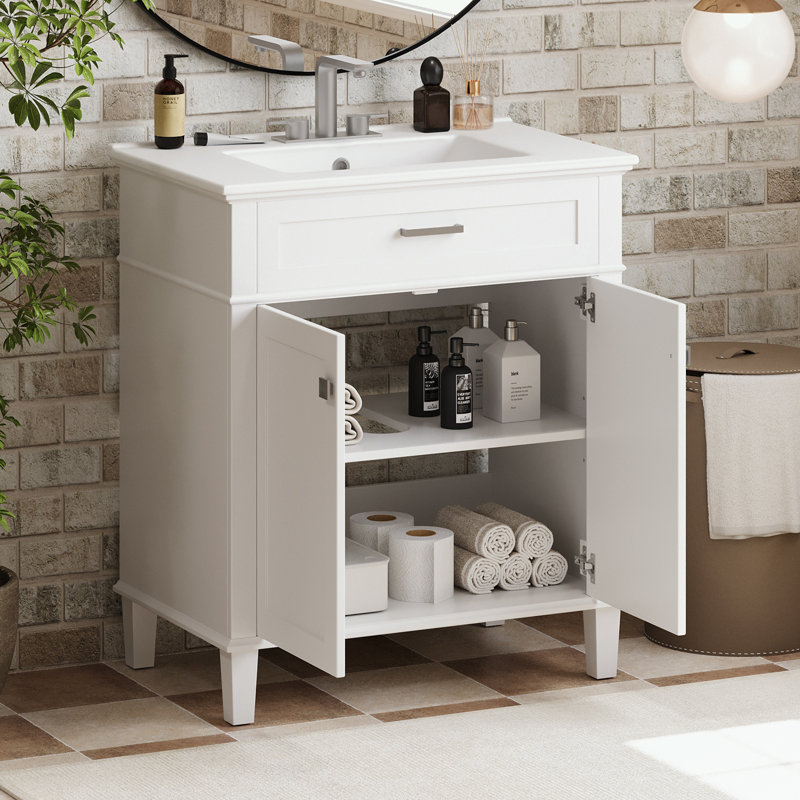meuble-lavabo avec lavabo en céramique, porte à fermeture douce et tablettes réglables, Blanc / Blanc