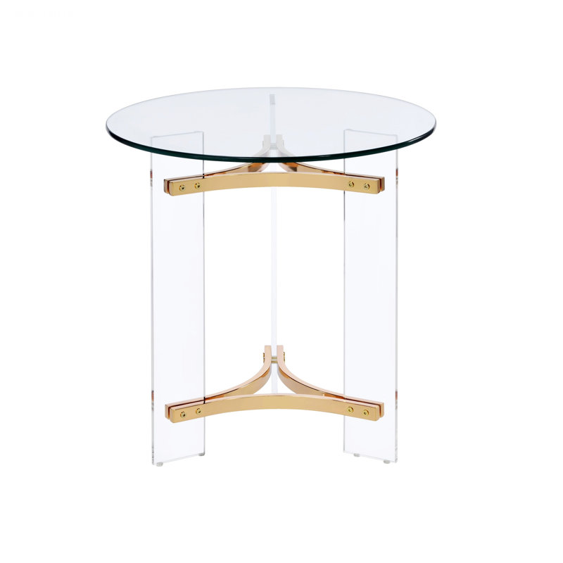 Petite table d'intérieur, table de bout ronde avec plateau en verre trempé et base en acrylique