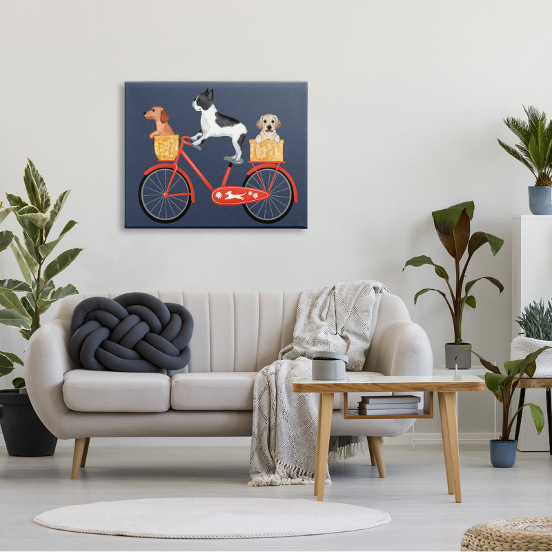 Chien, bicyclette, trio, chiots, paniers, vélo rouge par Jo Taylor - impression, H 30 po x l 40 po x P 1,5 po, Toile tendue