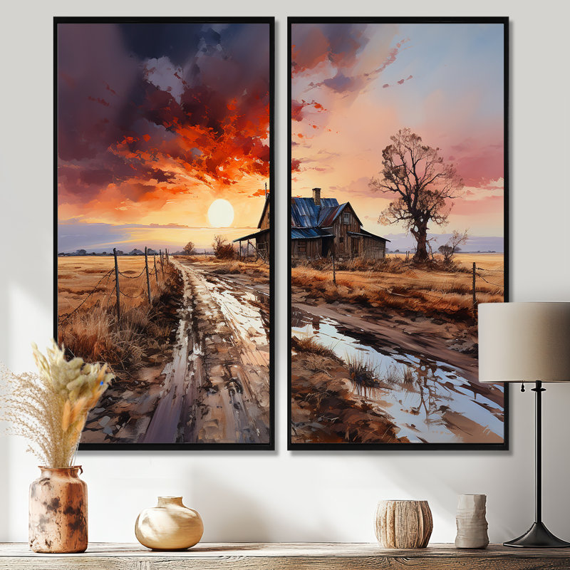 «Sunrise Countryside Farm Unveilé II», reproduction d'art sur toile, H 32 po x l 32 po, Impression encadrée flottante, Noir